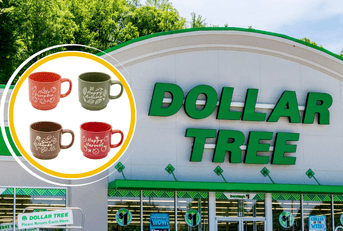 Collage of Dollar Tree storefront and a set of coffee mugs for fall