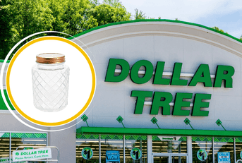 Collage of Dollar Tree storefront and a glass jar product