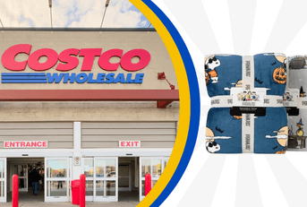 Collage of Costco's storefront and a duo blanket Halloween themed product