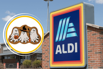 Collage of ALDI storefront and a Halloween ghost coir mat product