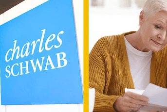 charles schwab office and upset senior woman