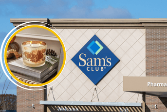 Collage of Sam's Club storefront and a pumpkin candle product
