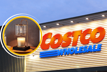 Collage of Costco store front and a candle warmer product