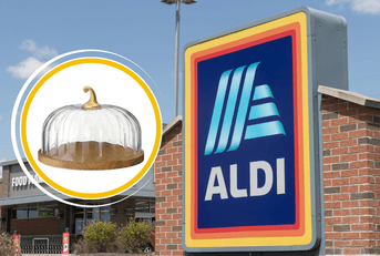 Collage of Aldi storefront and a glass pumpkin dome product