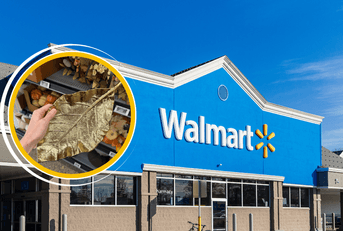 Collage of Walmart storefront and a golden leaf decor product