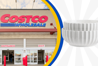 Collage of Costco storefront and two ceramic bowl product