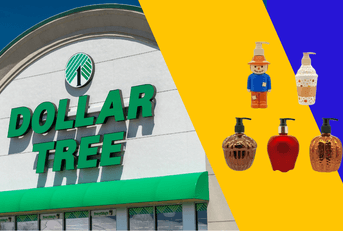 Collage of Dollar Tree storefront and a collection of seasonal hand soaps