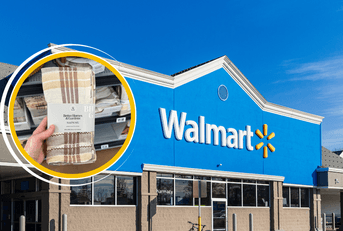 Collage of Walmart storefront and a plaid napkin product