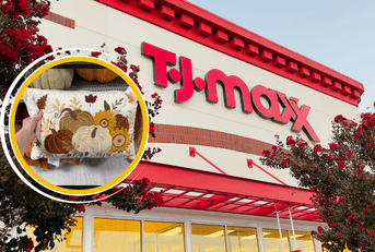 Collage of TJ Maxx storefront and a kitchen towel set