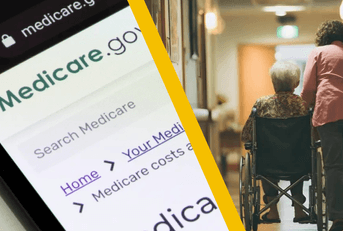 medicare website and woman in wheelchair