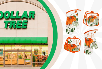 Oven mits and pot holders next to Dollar Tree storefront