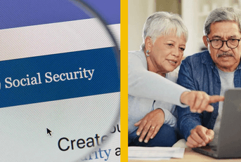 social security webpage and older couple on laptop
