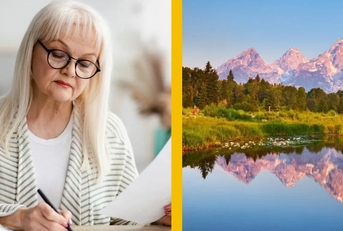 woman calculating finances and grand teton wyoming