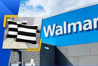 Collage Walmart store front and black and white throw pillows