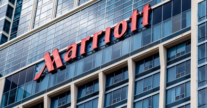 The exterior of a Marriott hotel. 