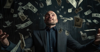 Millionaire with money raining on him