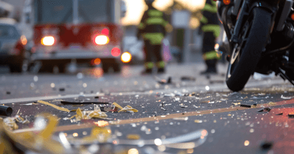 A motorcycle sits next to shattered glass while a firetruck and firefighters are seen in the background.