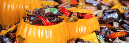halloween candy in ceramic pumpkins