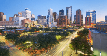 Downtown Houston roadway with city in skyline