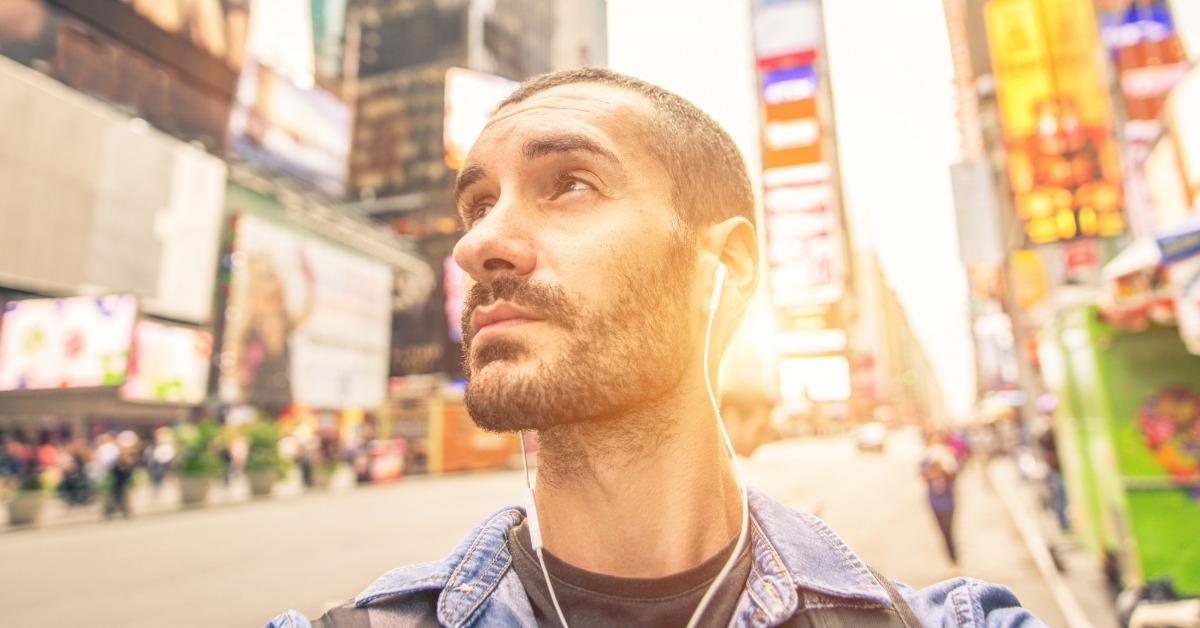 Male tourist at Times Square