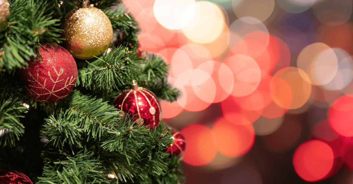 Christmas tree with decorations and lights background