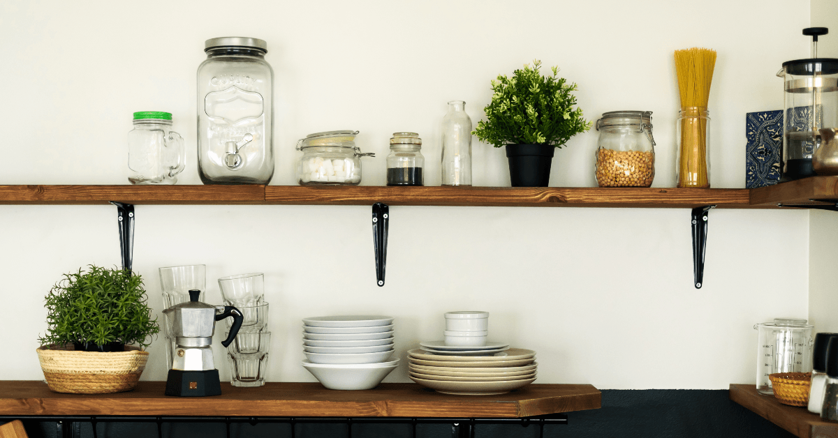 Open kitchen shelves with dishes 