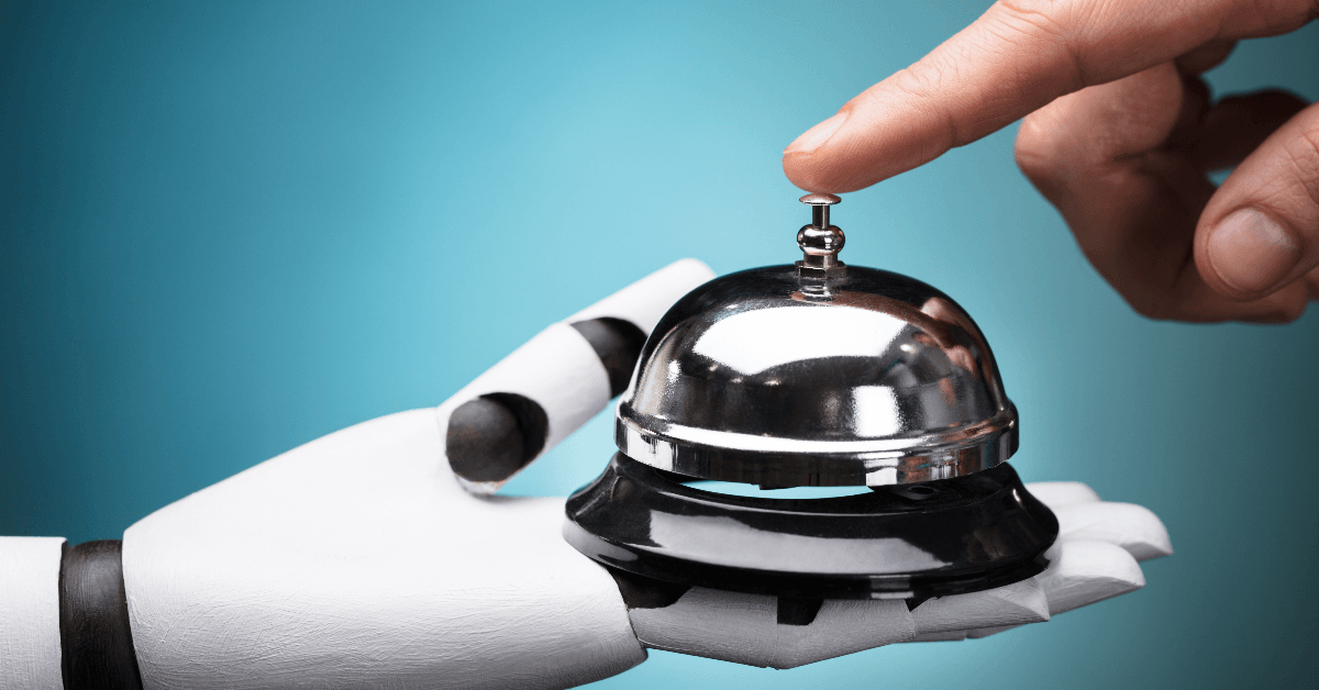 Person ringing service bell held by robot