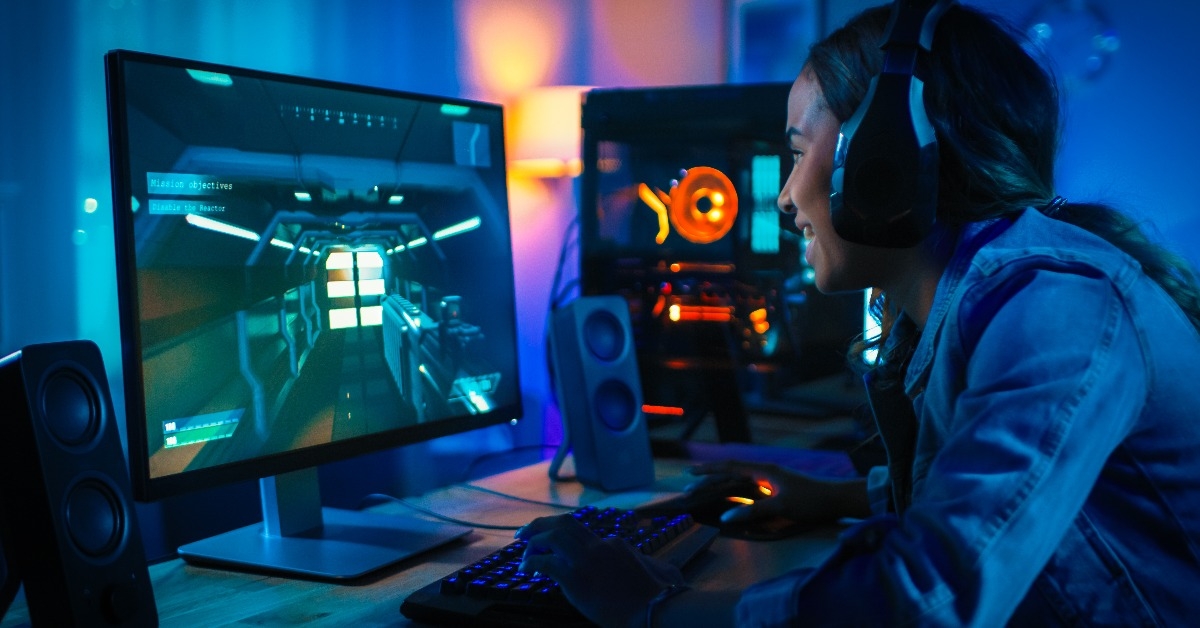 girl video gamner wearing headphones