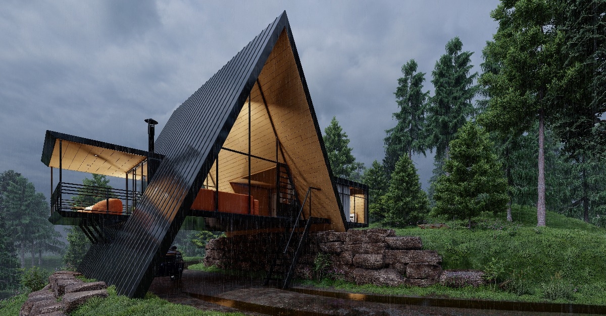 modern house with an a frame design on a rainy day