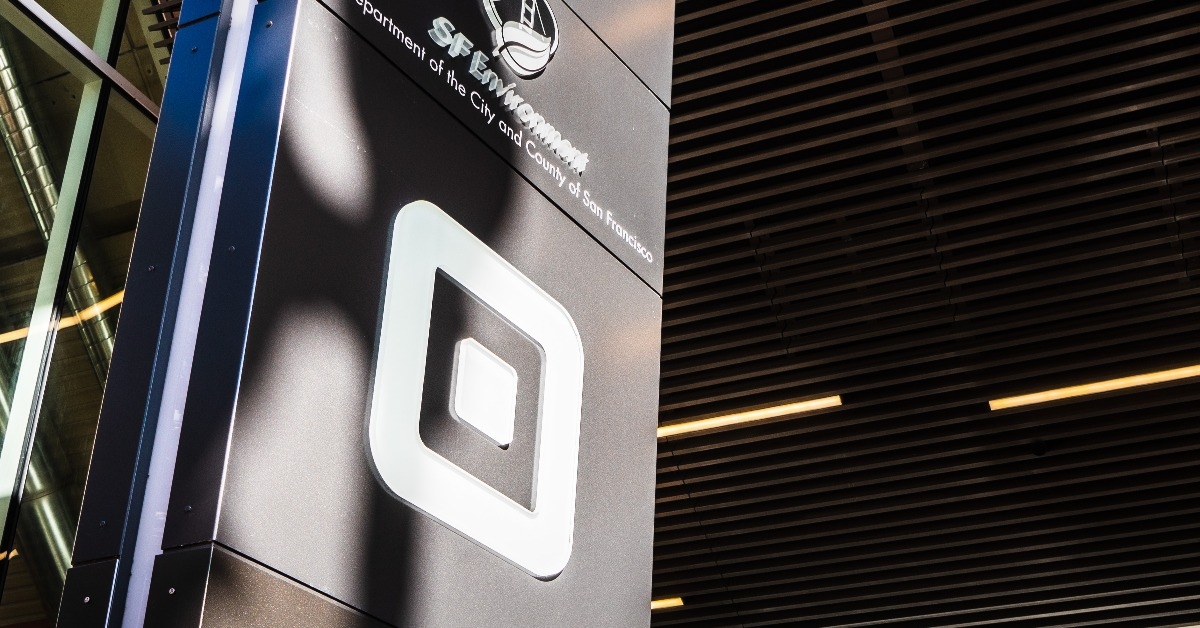Close up of Square sign at their headquarters in SoMa district