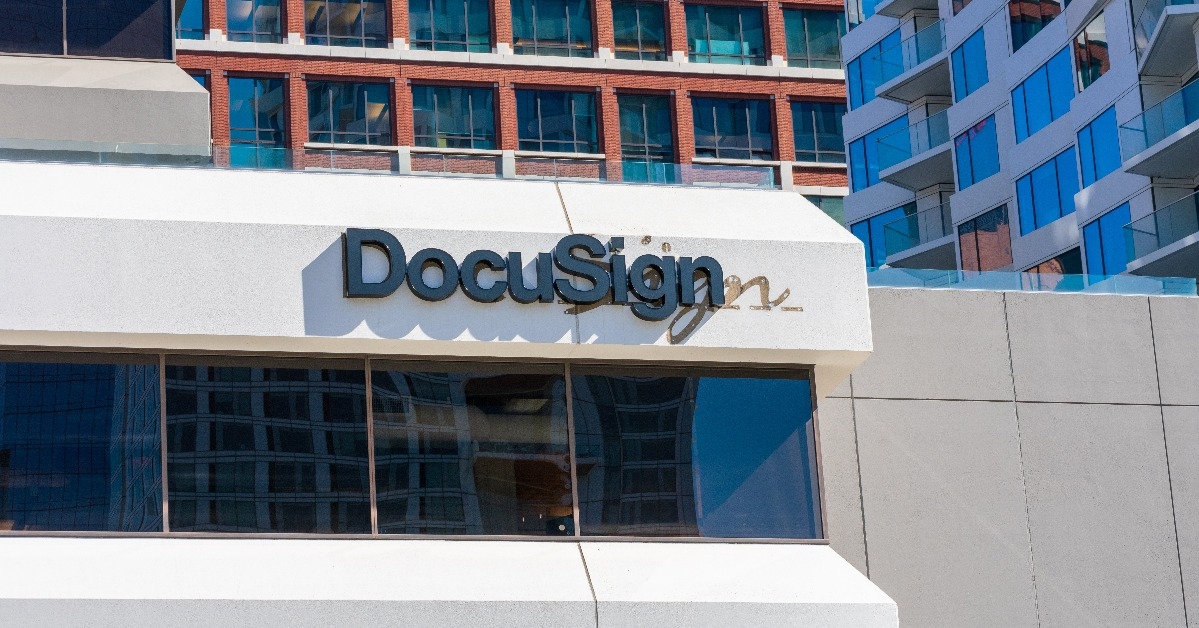 DocuSign sign and logo on facade of company headquarters building