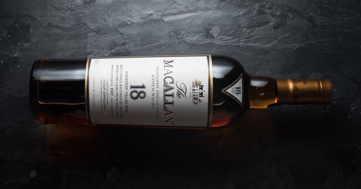 Bottle of Macallan Single Malt Scotch Sherry Oak Cask 18 Years