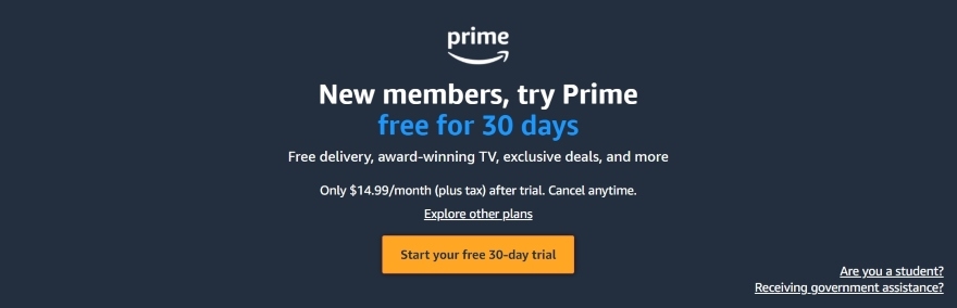 Amazon Prime signup screen