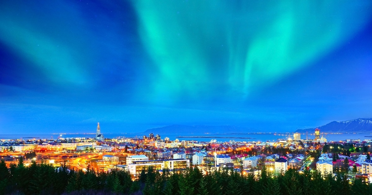  northern light from the city center in Reykjavik Iceland