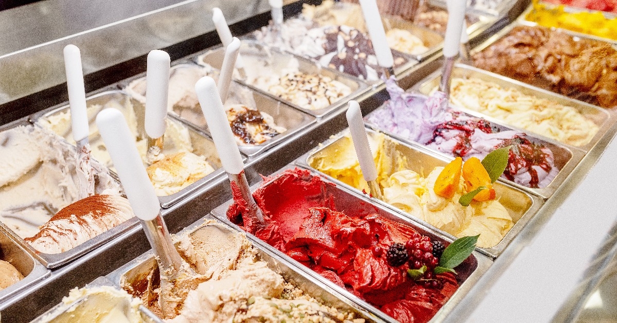 various flavors of gelato ice-cream at the showcase in dessert shop