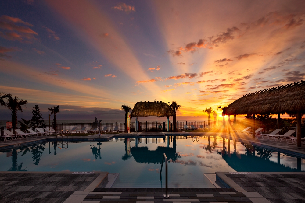 Sunset over pool at a retirement community