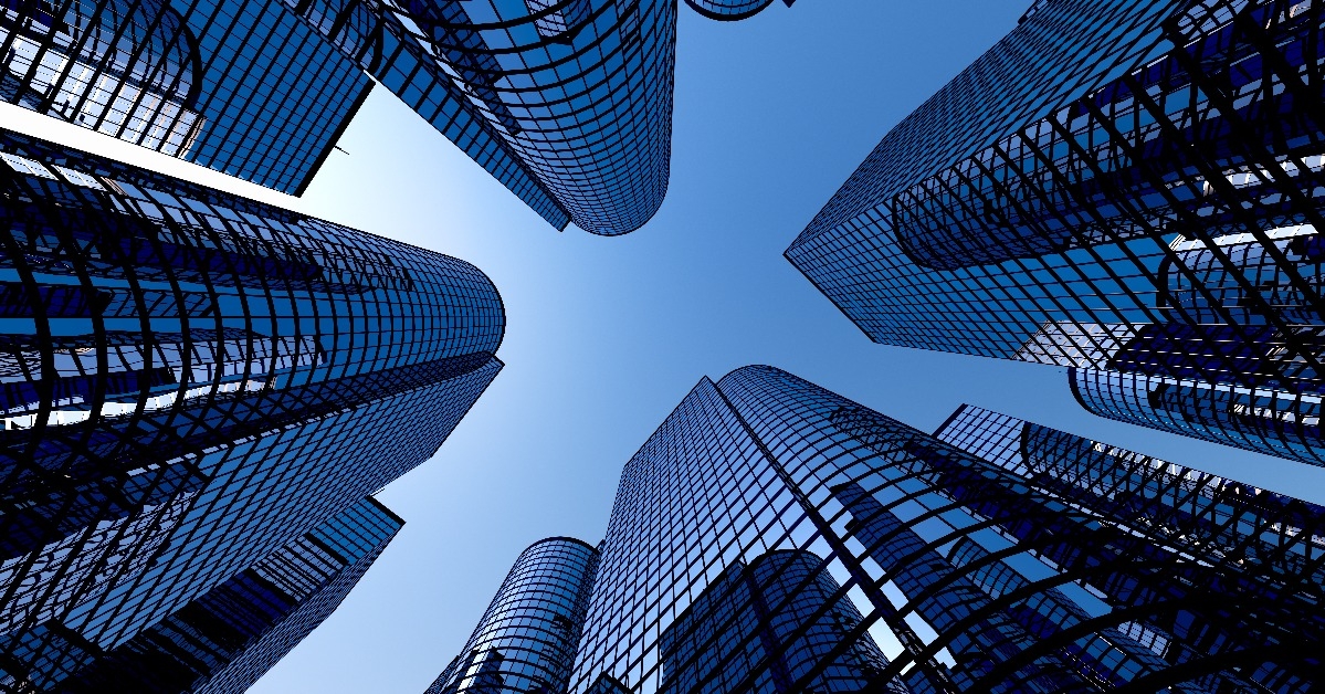 reflective skyscrapers business office buildings