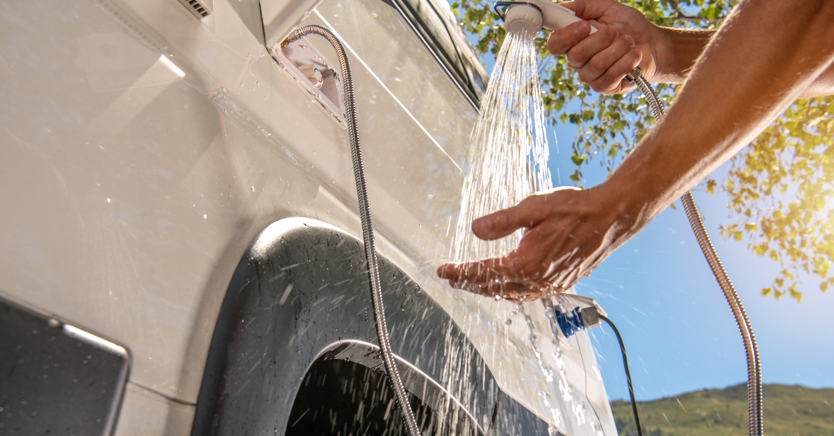 Outdoor shower on camper van