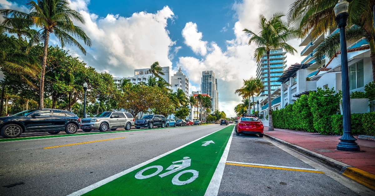 Green bike lane in world famous Miami Beach