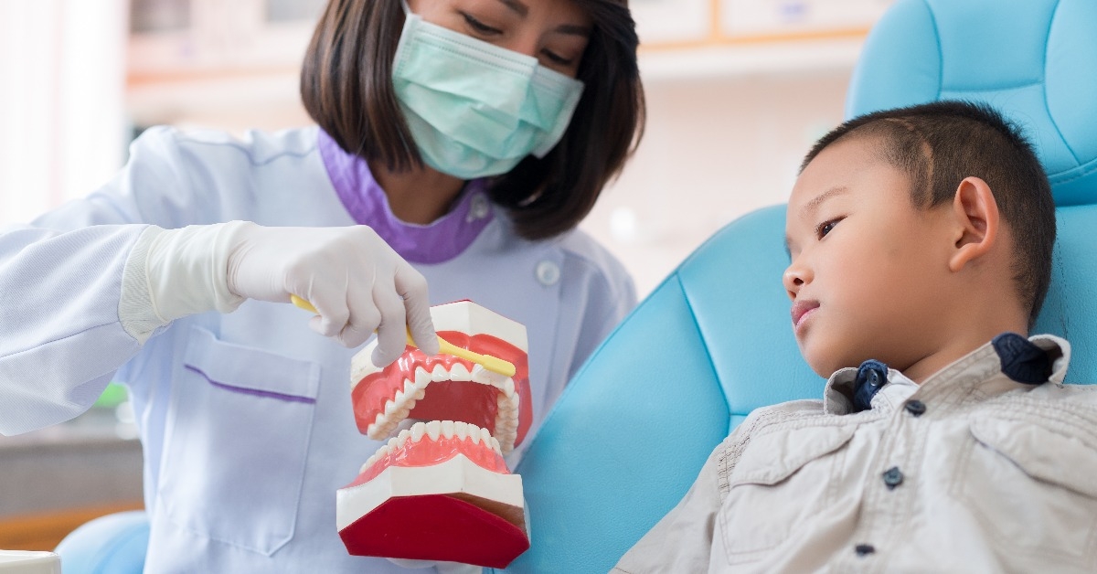 asian female dentist talking to brush teeth properly