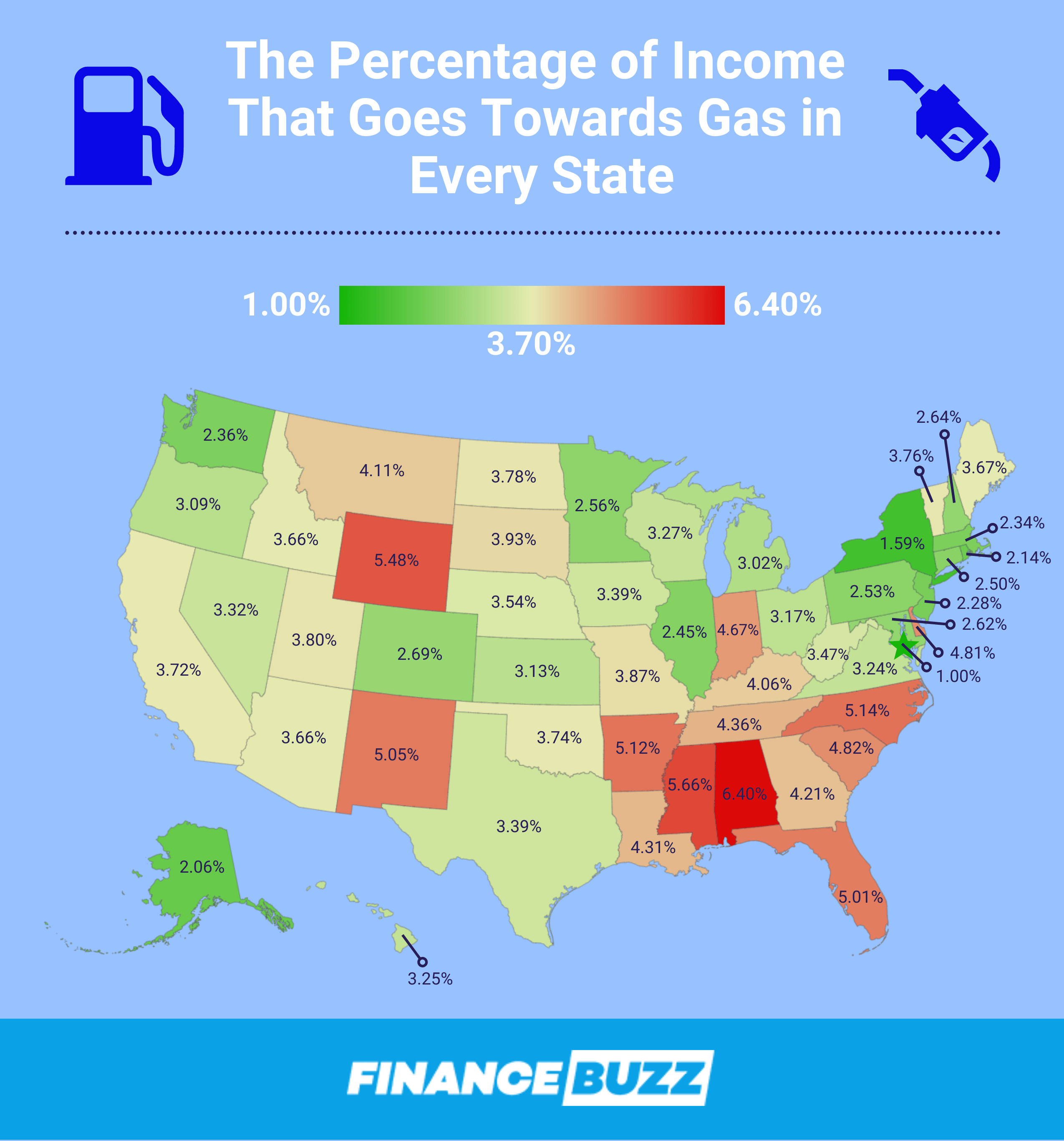 Map showing the percentage of income that drivers in every state spend on gas
