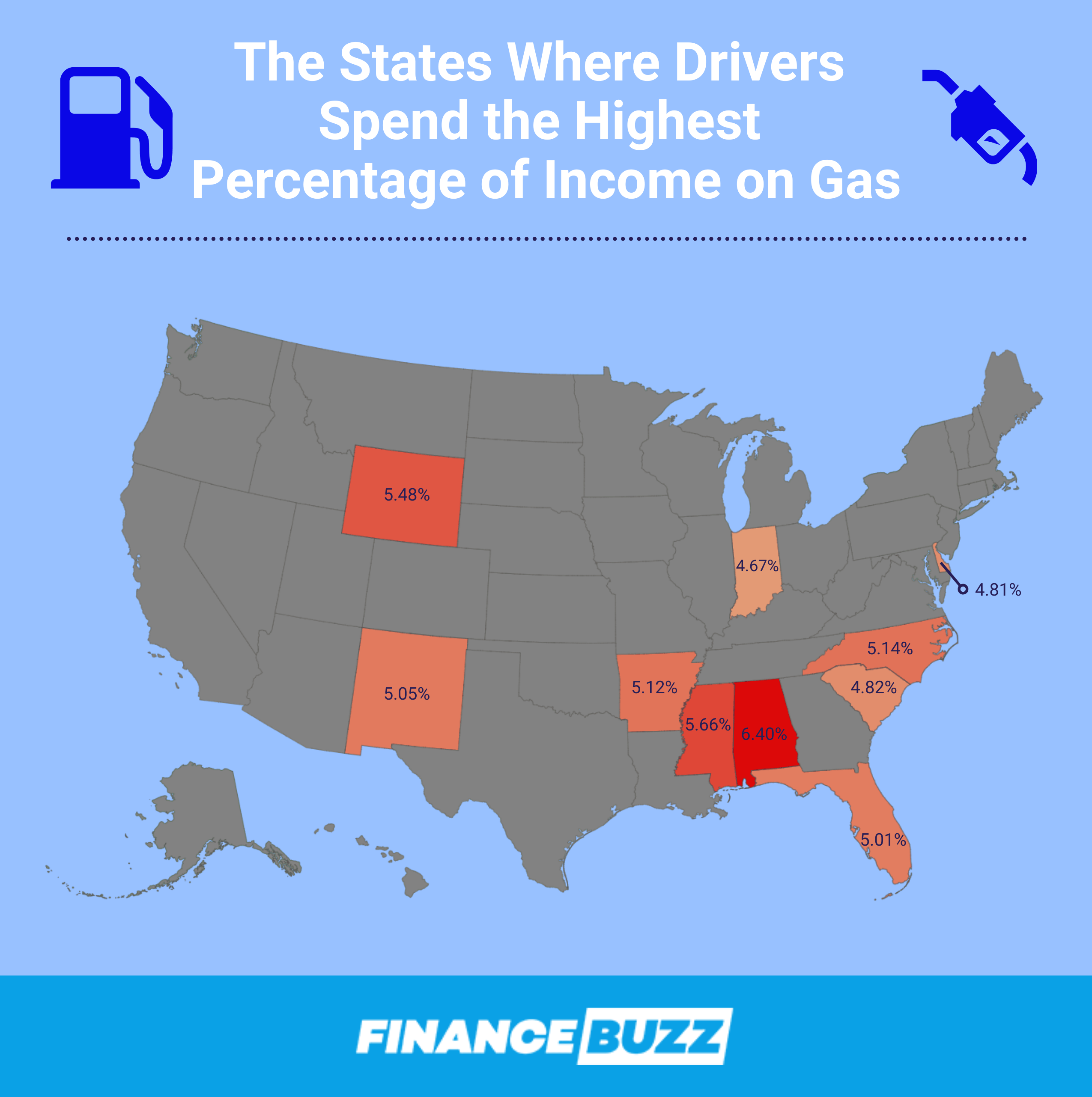 Map showing the states where drivers spend the highest percentage of income on gas