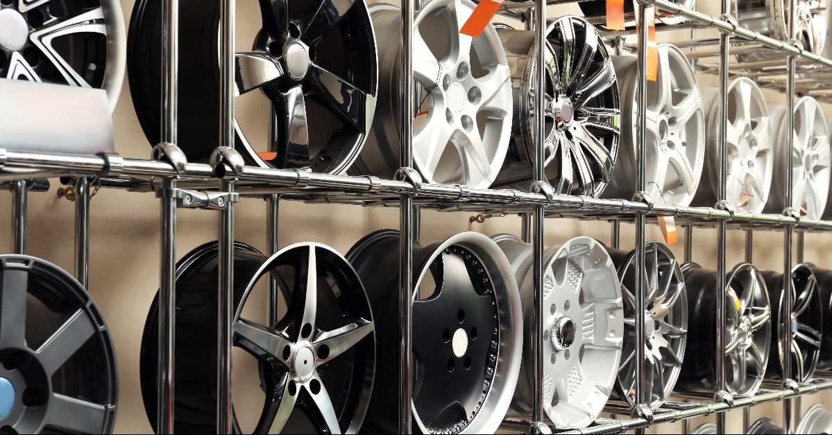Rack with car wheels in automobile store