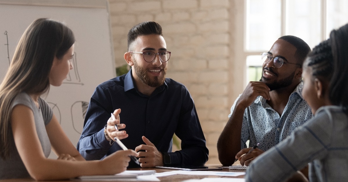  businessman discussing project details with clients