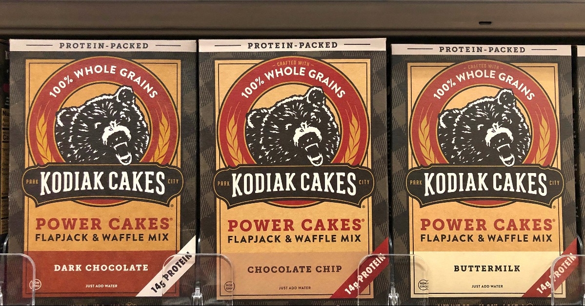 Grocery store shelf with boxes of Kodiak Cakes 