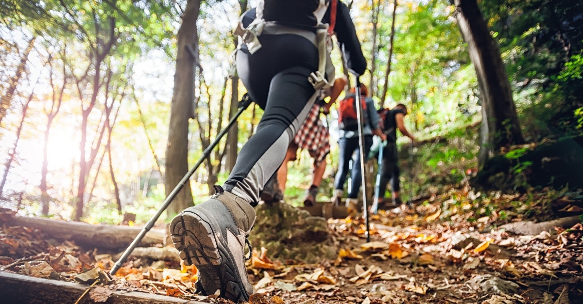 Hiker woman with trekking sticks climbs steep on mountain trail