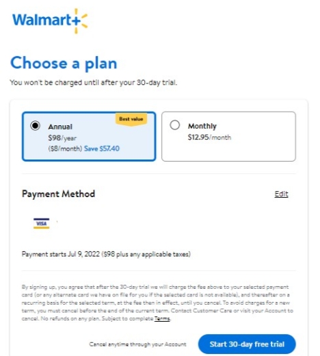 Walmart Plus choosing an annual or monthly plan