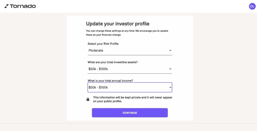 Tornado screenshot of investor profile