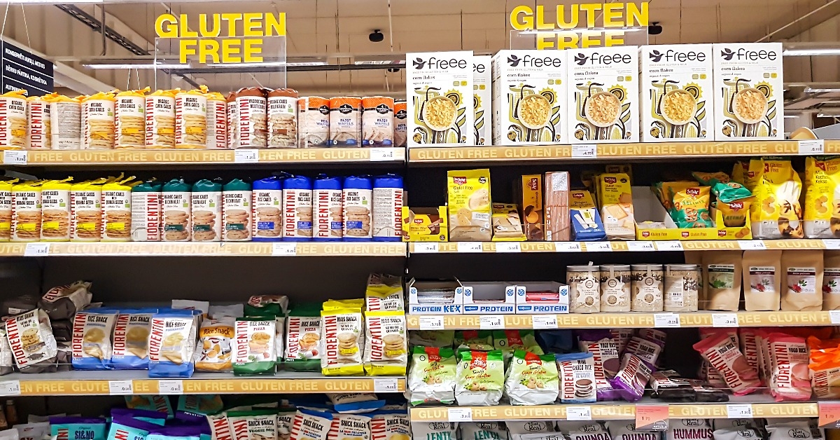 shelves with a various gluten free products from different manufacturers