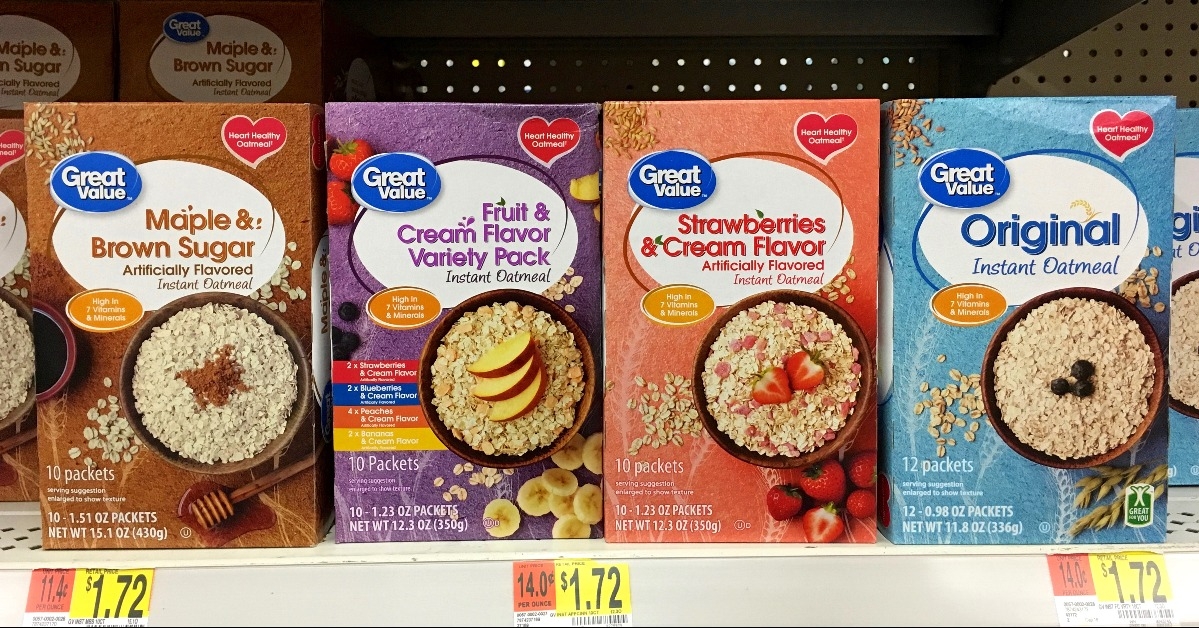 boxes of Great Value generic flavored instant Oatmeal packages